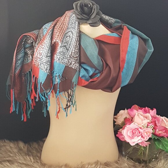 Blue & Red Striped Pashmina Shoulder Wrap with Silver Accents Pashmina & Silk - Picture 6 of 8